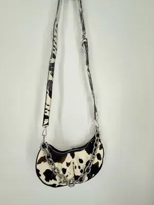 Cow Print Crossbody Purse Handbag Small Shoulder Bag Silver Chain Zip Closure thumbnail 6