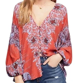Free People Birds of A Feather Boho V-Neck Balloon Sleeve Blouse Top Size Small‎ thumbnail 1