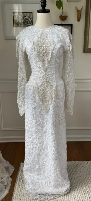 Vintage 80s Wedding Dress Heavily Embellished Long Sleeve Plunging Back S M 6 thumbnail 1