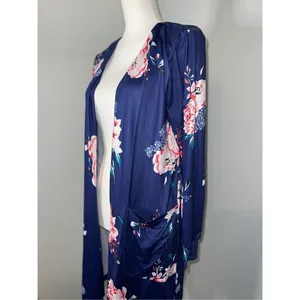 NEW! Women’s Dark Purple Floral Open Front Kimono Robe Size MEDIUM thumbnail 2
