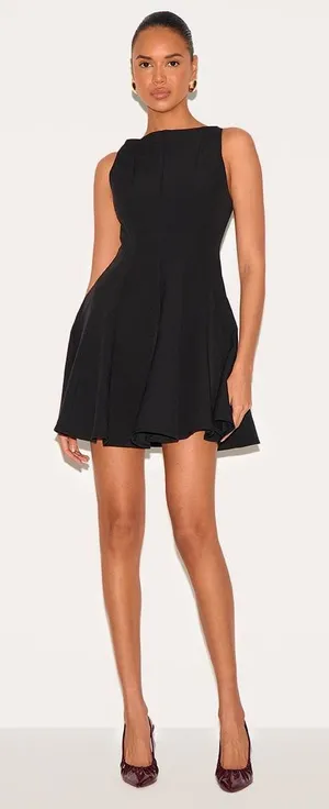 PrettyLittleThing Black Stretch Woven Racer Pleated Shift Dress. thumbnail 1