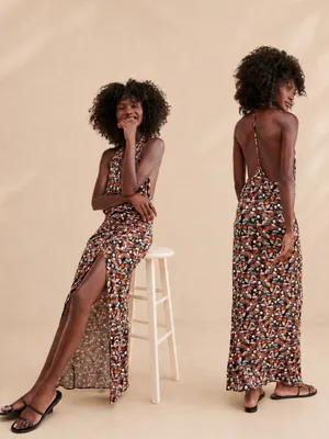 Free‎ People Daria Maxi Dress in Black Orange White High Slit Wrap S NWT thumbnail 2