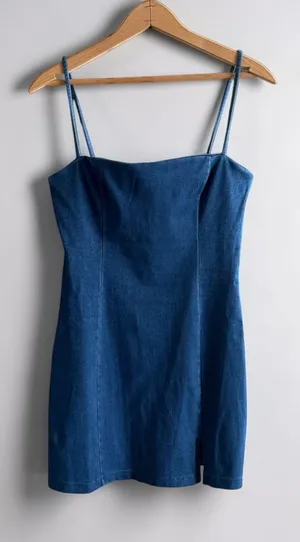 Susana Monaco Blue Denim Mini Dress Square Neck Spaghetti Strap Bodycon Slit - M thumbnail 1