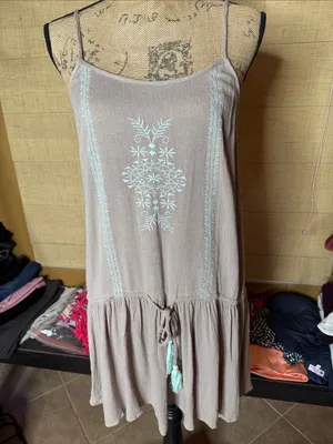 Kori America Embroidered Boho Mini Dress Taupe Aqua Tassels Size Medium thumbnail 3