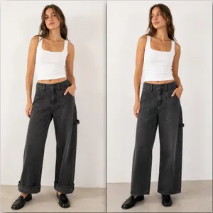 Free People We The Free Black Wash Major Leagues Cuffed Carpenter Utility Jeans thumbnail 2