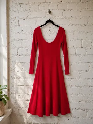 ModCloth Red Ribbed Boat Neck Maxi Dress Long Sleeve Size L thumbnail 3