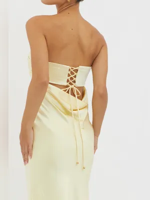 $115 NWT Selfie Leslie Moon Song Strapless Laced Back Dress Butter Yellow M thumbnail 4