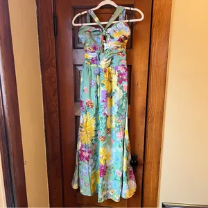 H&M Green Floral Halter Maxi Dress with Yellow & Purple Blooms thumbnail 6