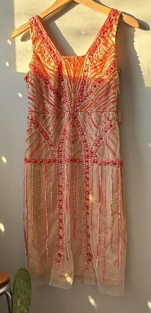 Pink and orange beaded shift dress with a boho vintage flapper 20s vibe 🔥 thumbnail 1