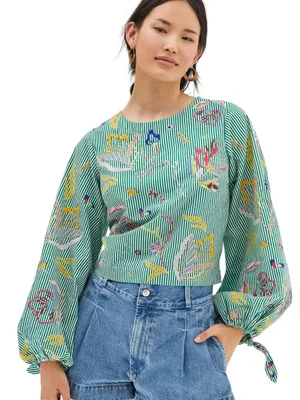 Anthropologie Maeve Embroidered Blouse Green Stripe Size XS thumbnail 1