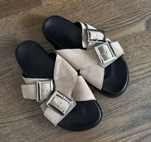 NA-KD Double silver buckle tan leather suede chunky comfy sandal slides size 8 / EU 38 thumbnail 1