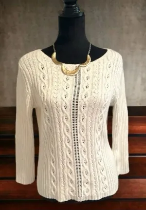 Jones New York Country Cream White Open Cable Knit Sweater Women's Small‎ Casual thumbnail 1