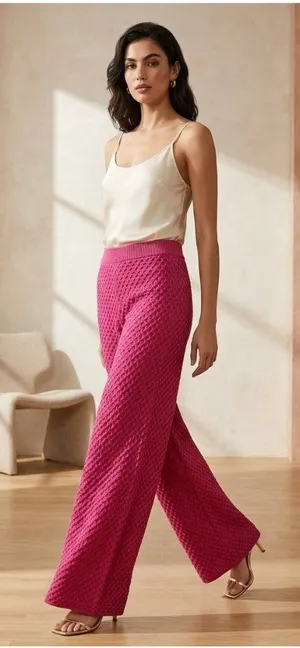 Storia Diamond Sweater Wide Leg Pants Hot Pink Size M NWT Minimalist Spring Cute thumbnail 1