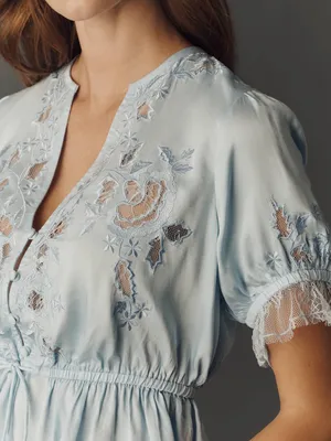 By Anthropologie Embroidered V-Neck Peplum Blouse Top in Nantucket Breeze Blue thumbnail 2