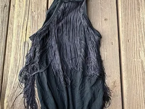 Black Fringe Bodysuit Size Small Boho Western Festival Tassel Snap Crotch thumbnail 2