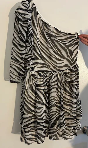 Asymmetric One-Shoulder Zebra Print Mini Dress in Black & White thumbnail 1