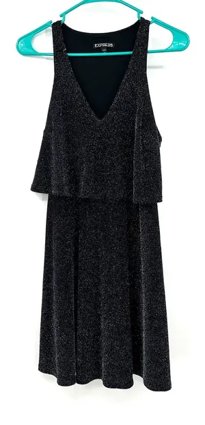 Express size XS‎ black sleeveless mini dress sparkly layered v neck lined thumbnail 1