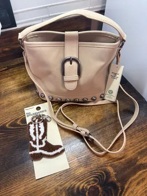 No‎ Boundaries Taupe Studded Faux Suede Moto Bucket Bag And Bag Charm thumbnail 1