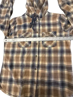 Carhartt Women’s L 12/14 Hooded Plaid Flannel Shirt Brown Blue Button Front thumbnail 11