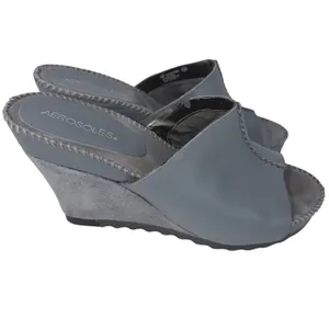 Aerosoles Birthstone Blue-Gray Leather Suede Wedge Slide Sandals Women Size 9 M thumbnail 2