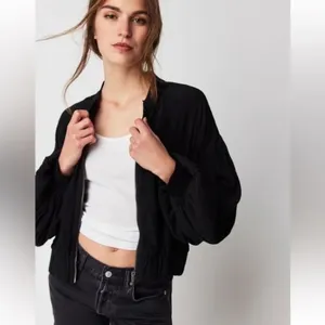 FREE PEOPLE On Pointe Bomber Jacket Lightweight Puff Balloon Sleeve Black thumbnail 2