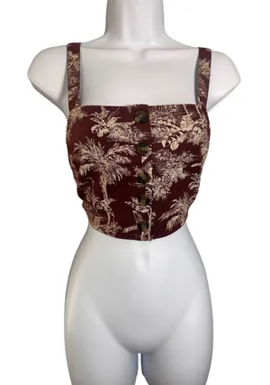 American Eagle Womens Maroon‎ Tropical Palm Toile Linen Blend Button Crop Top M thumbnail 1