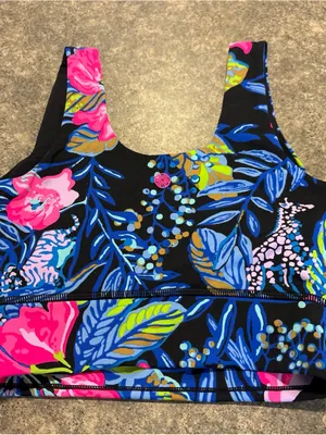 Lilly Pulitzer Black Sports Bra with Pink, Blue & Green Floral Accents thumbnail 3