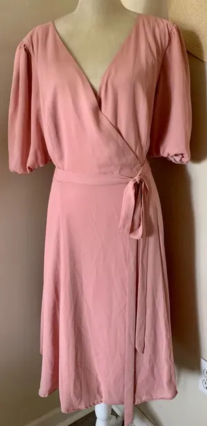 FAME AND PARTNERS Georgette Blush Pink V-Neck Wrap Cocktail‎ Feminine Dress Sz 14 thumbnail 1
