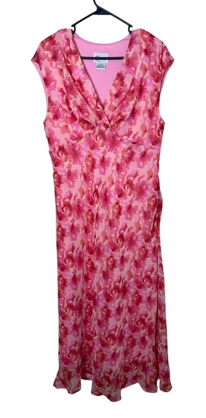 K Studio‎ Pink Floral Chiffon Maxi Dress Sleeveless V-Neck Ruched Size 14 thumbnail 1