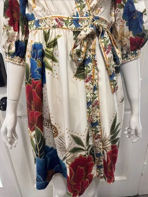 Farm Rio Floral Wrap Midi Dress in Cream with Blue & Red Blooms Size Small thumbnail 3