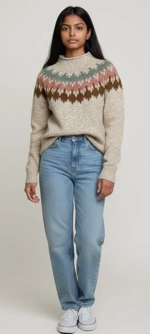 LL Bean Sweater Womens medium Beige Fair Isle Cotton Chunky Knit Mock Neck thumbnail 1