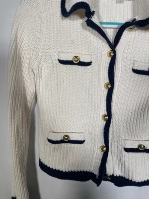 Loft Womens Tipped Ribbed Button Down Sweater Cream Navy Small thumbnail 3