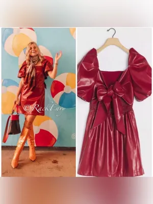 Anthropologie Red Faux-Leather Puff-Sleeve Mini Dress with Bow thumbnail 2
