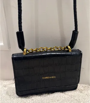 Black Croc Embossed Mini Crossbody Bag Gold Chain thumbnail 1