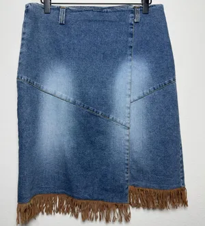Women VTG y2k Blue Denim Asymmetrical Skirt with‎ Brown Faux Suede Fringe Hem thumbnail 1
