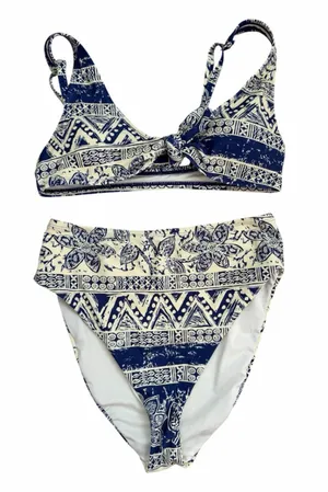Urban Outfitters Navy and Cream High Waisted Bikini Set thumbnail 1