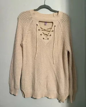 Francesca's Collections Lace-Up Waffle Knit Sweater in Beige thumbnail 1