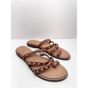 Crevo Sandals Size 7‎ Tan Leather Upper Womens Open Toe Spike Details Flats thumbnail 3