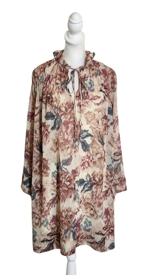 H&M Long Sleeve Pink and Cream Floral Mini Dress Size XS Wedding Guest Dress thumbnail 1