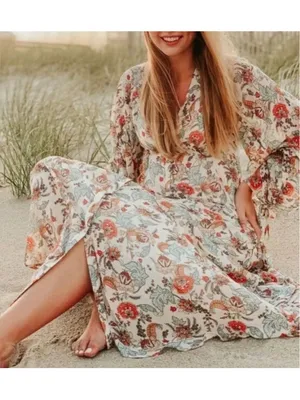 Free People Earthfolk Boho Floral Maxi Dress Tea Comb Women’s Size M thumbnail 9