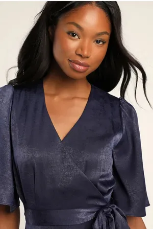 Lulus Wrapped Up In Love Navy Blue Satin Faux-Wrap Midi Dress thumbnail 3