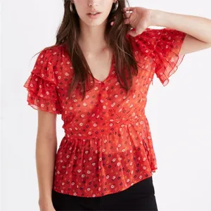 Madewell Tiered-Sleeve‎ Peplum Top in Metallic Prairie Posies Size 8 thumbnail 1