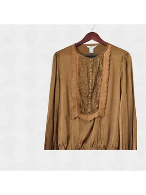 100% Silk Brown Peasant Blouse Long Sleeve Satin Shirt Size 8 Medium Coquette thumbnail 5