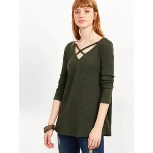 Army Green Crisscross Double V Neck Ribbed T-shirt thumbnail 3