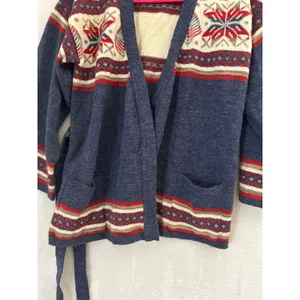 Mademoiselle Knitwear Vintage Nordic Fair Isle Wrap Belted Cardigan Sweater Blue thumbnail 3