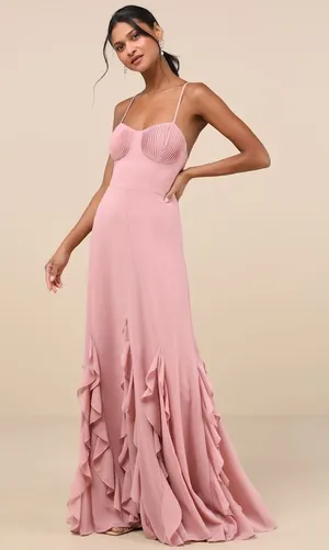 NWOT Lulus Priela Pink Ruffled Lace-Up Maxi Dress Holiday Party Bridesmaid Sz L thumbnail 1