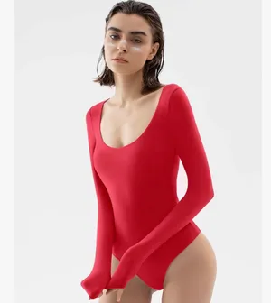 PUMIEY Women's Scoop Neck Long Sleeve Bodysuit Body-hugging Sexy Tops Smoke Cloud Collection thumbnail 3
