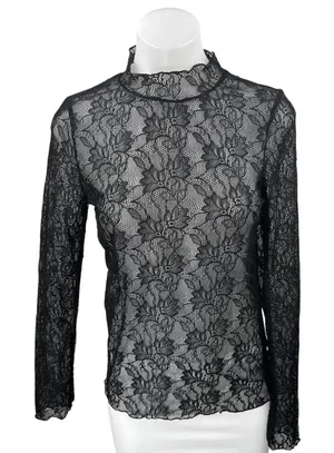 Anthropologie Black Floral Lace Long Sleeve Sheer See Trough Blouse Top Size S thumbnail 1