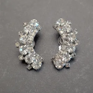 Vintage Clip On Earrings Large Curved Silver Tone & Clear Gems - Statement Glam thumbnail 3