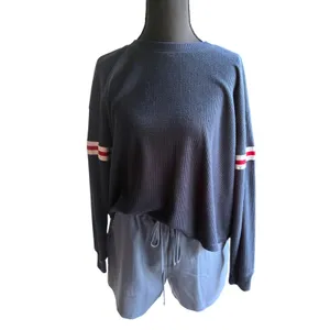 Hollister Navy Waffle Knit Long Sleeve Tee Red White Stripe Sleeves Boyfriend thumbnail 2